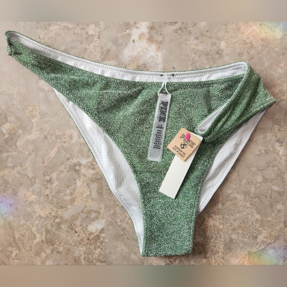L 🖤VS PINK Swim Shimmer Brazilian Bikini Bottom Green - Picture 7 of 8